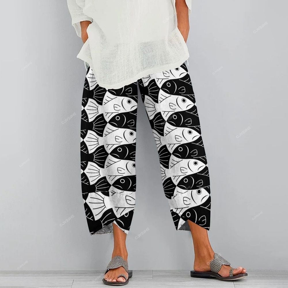 Women's Casual Geometric Black And White Fish Printed Pants