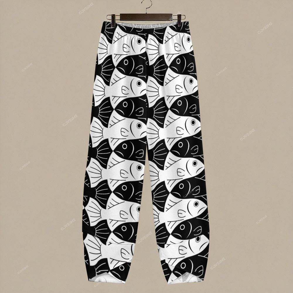 Women's Casual Geometric Black And White Fish Printed Pants