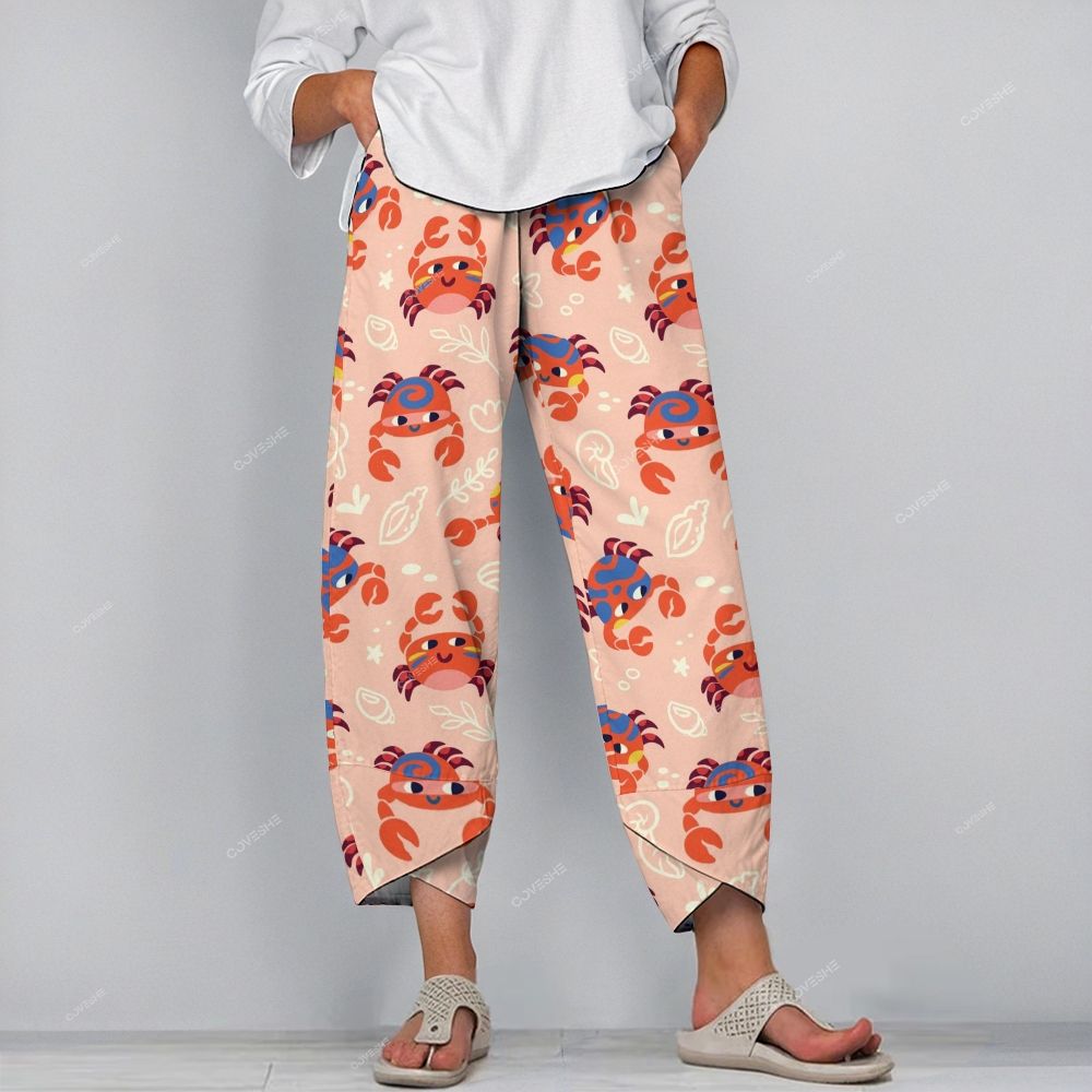 Women's Casual Colorful Cartoon Crab Printed Pants
