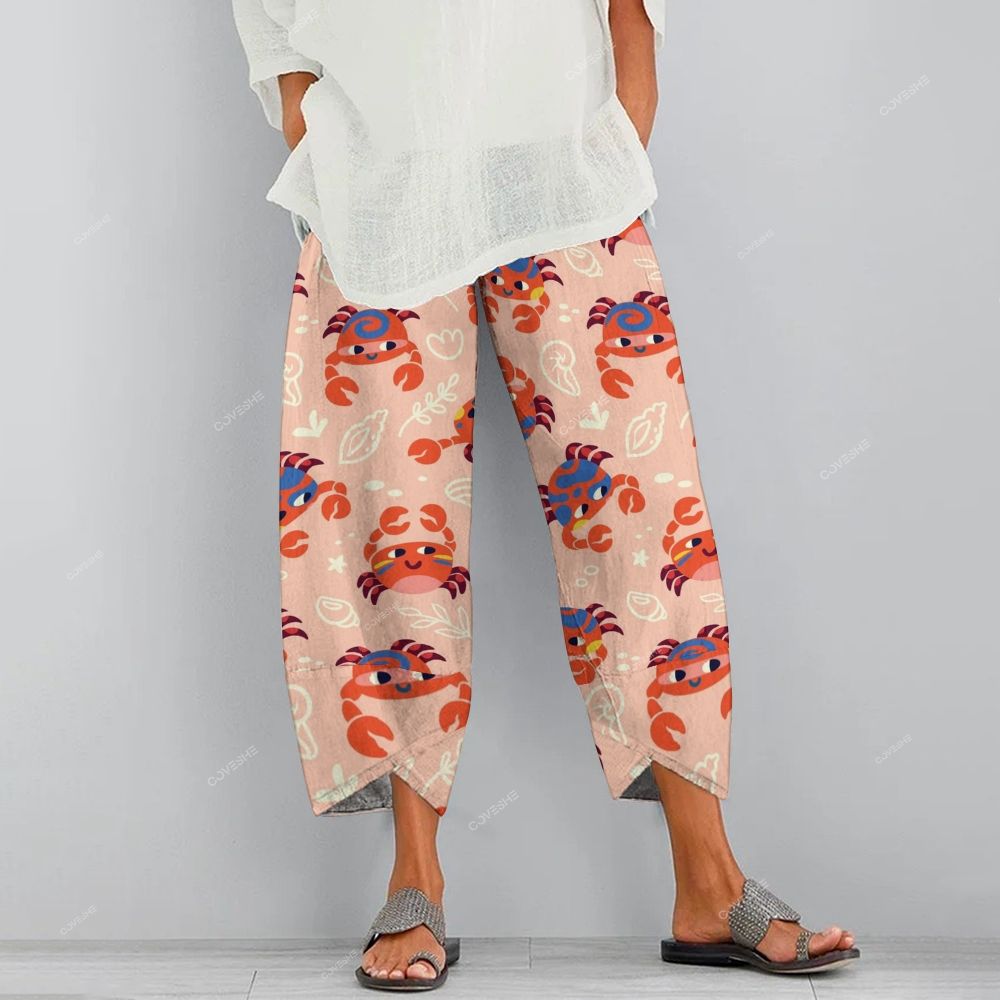 Women's Casual Colorful Cartoon Crab Printed Pants