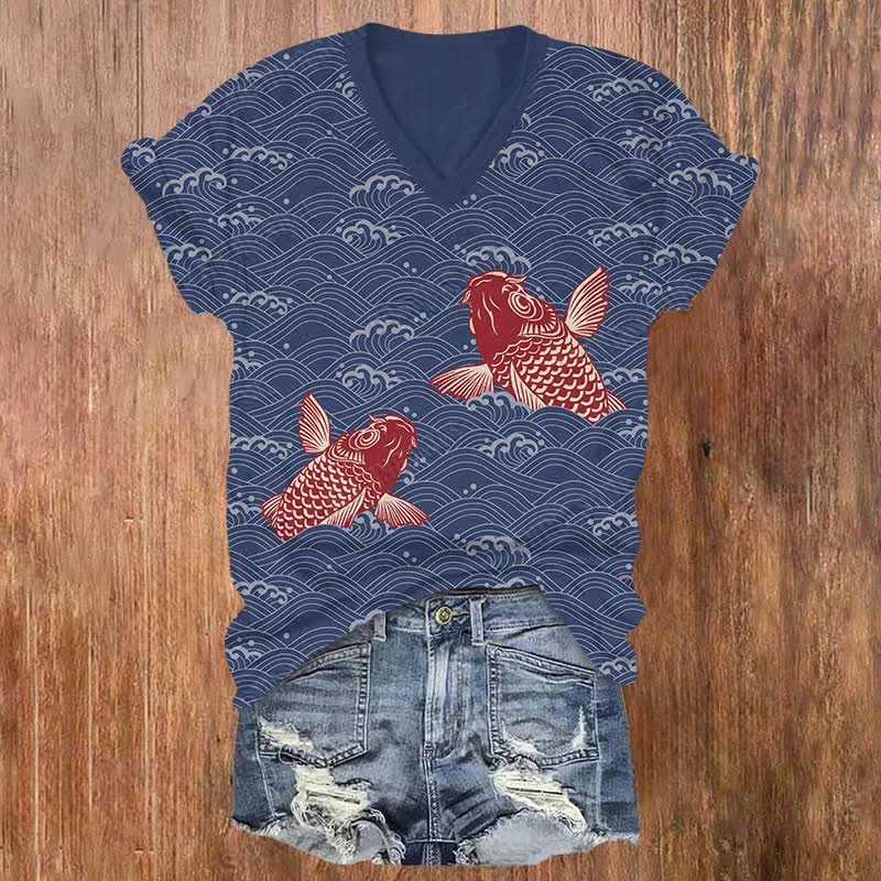 Japanese Red Koi Covered With Wave Patterns Print V-neck T-shirt