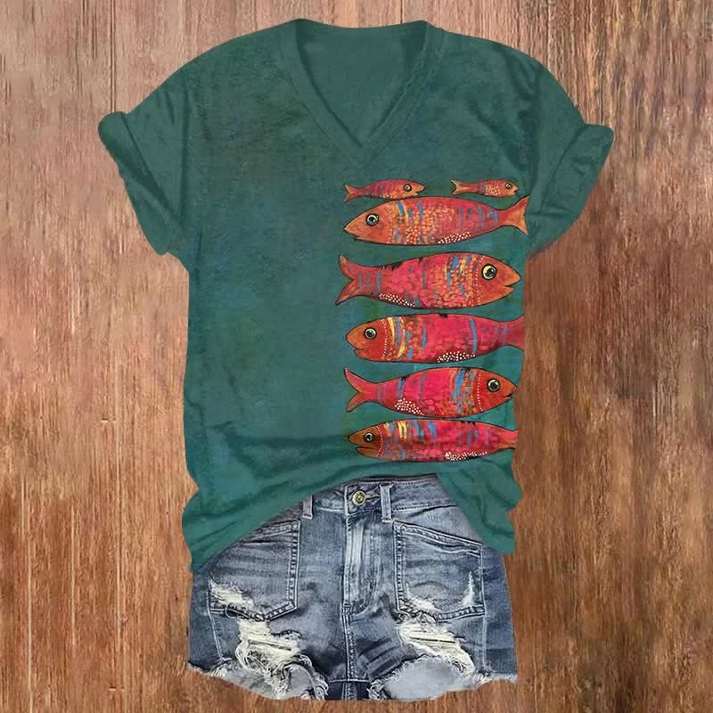 Vintage Funny Red Fish Art Print V-neck T-shirt
