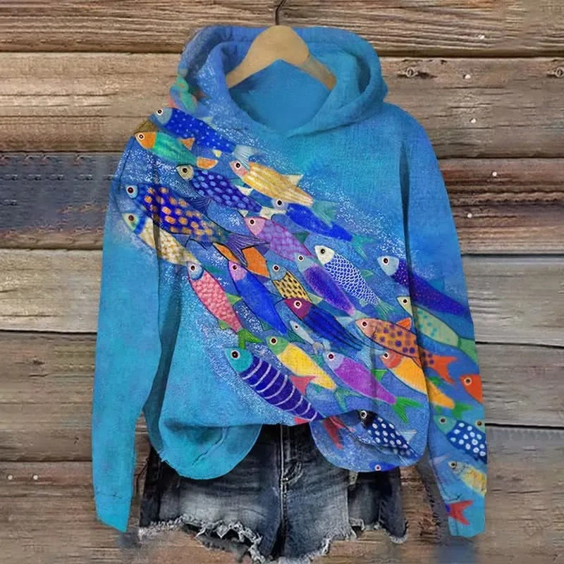 Japanese Colorful Cartoon Fish School Art Print Long Sleeve Hoodie
