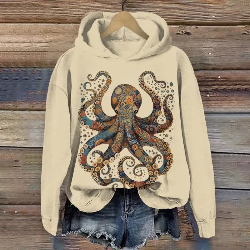 100% Cotton Vintage Flower Patterns Floral Octopus Print Hoodie