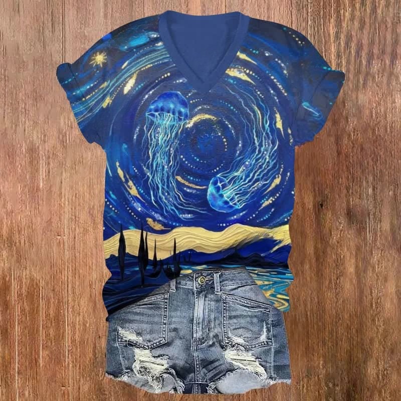 Jellyfish Starry Sky Art Print V-neck T-shirt