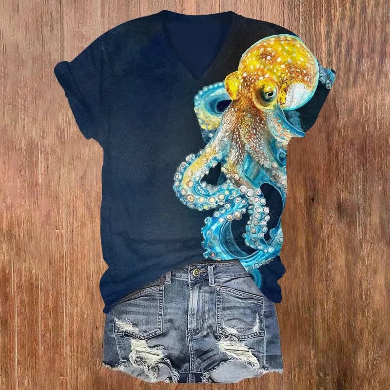 Creative Contrast Color Octopus Print V-neck T-shirt
