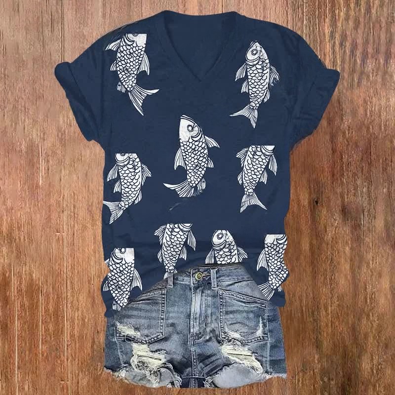 Multi  carp art print v-neck T-Shirt