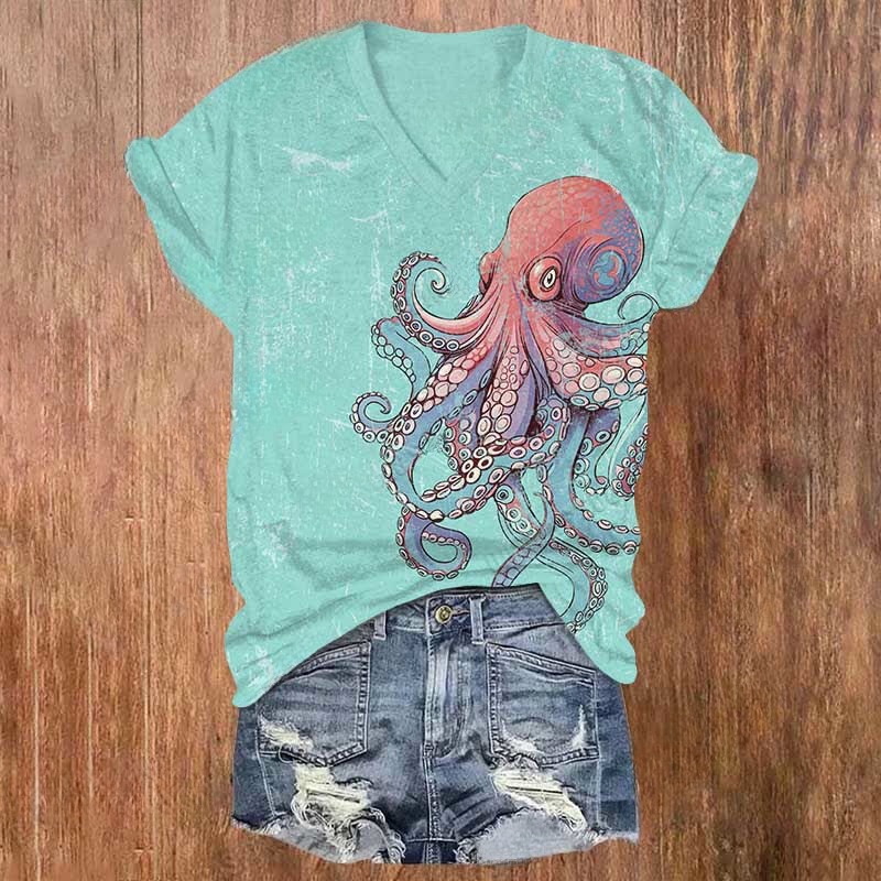 Japanese Funny Dazed Octopus Art Print V-neck T-shirt