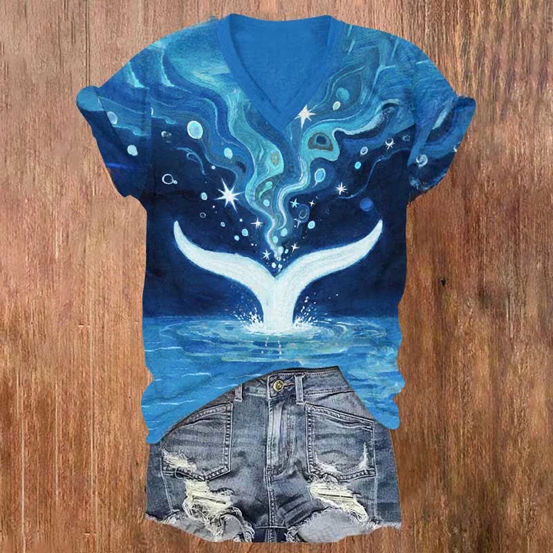 Japanese Oil Painting Fantasy Sky & Whale's Tail Print V-neck T-shirt