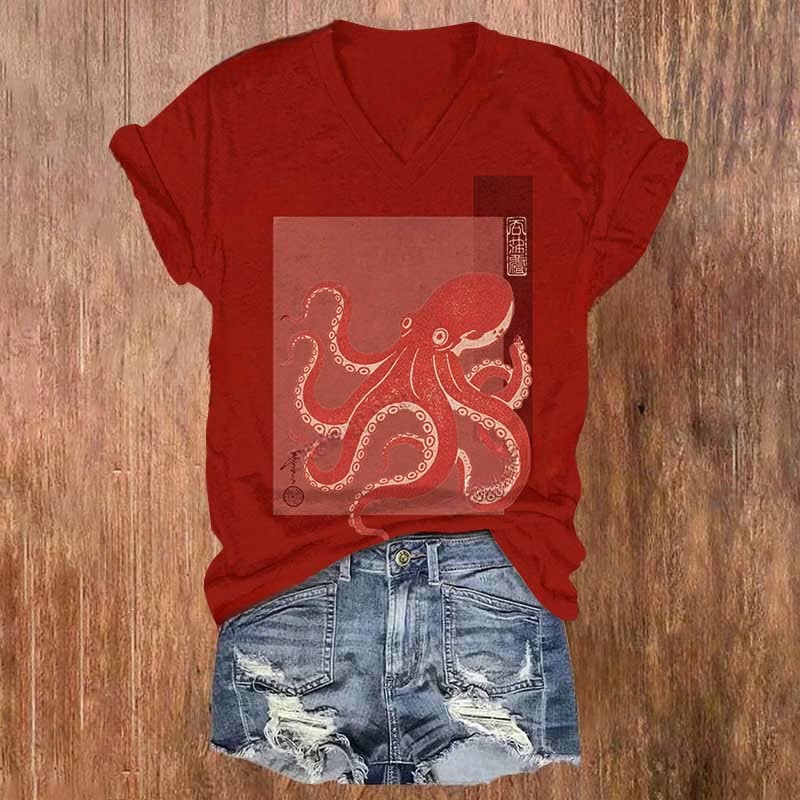 Japanese Cute Red Octopus Art Print V-neck T-shirt