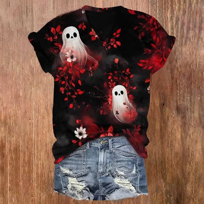 Ghost In The Flowers Halloween Print V-neck T-shirt