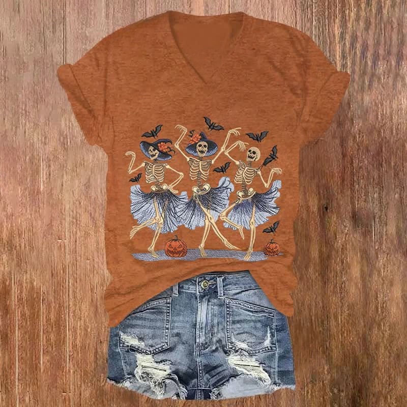 Halloween Dancing Ghoats Print V-neck T-shirt
