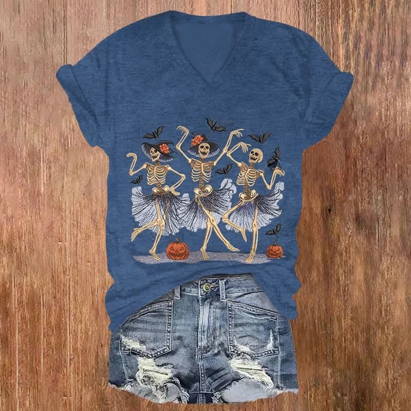 Halloween Dancing Ghoats Print V-neck T-shirt