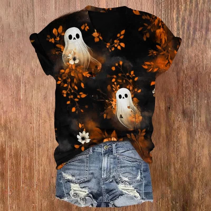 Ghost In The Flowers Halloween Print V-neck T-shirt