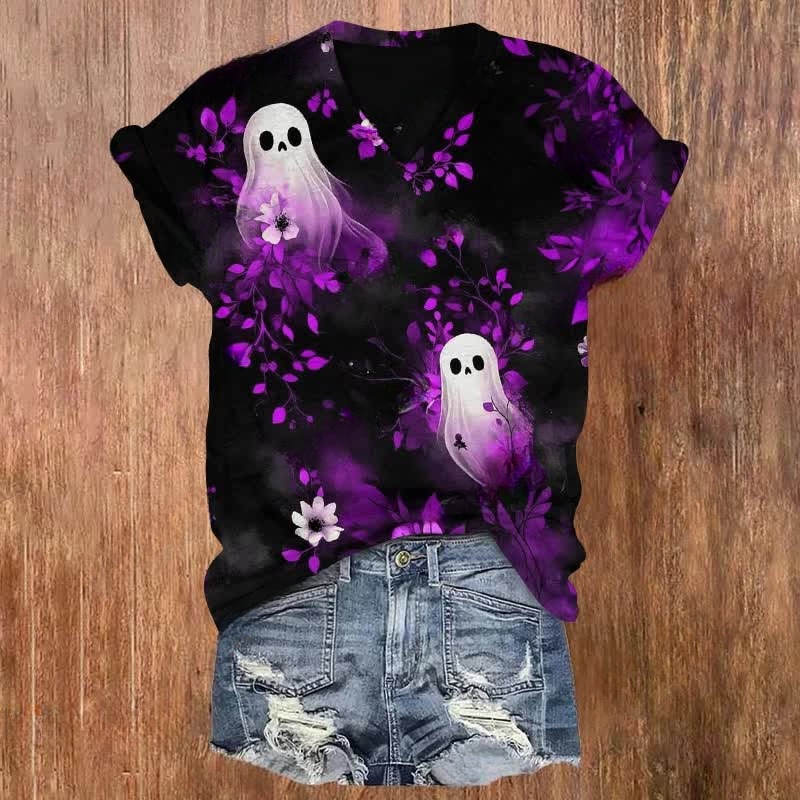 Ghost In The Flowers Halloween Print V-neck T-shirt