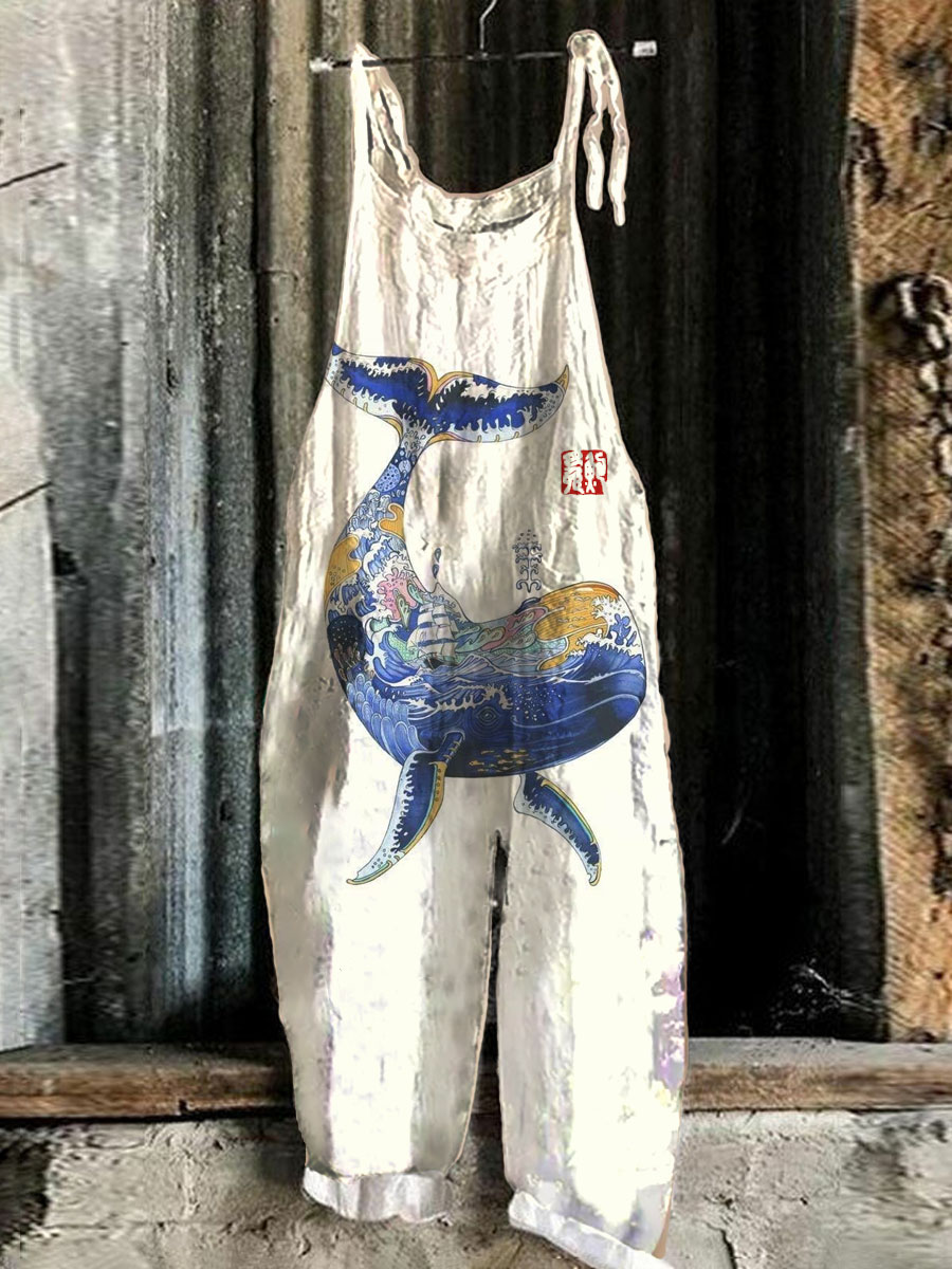 Japanese Art Whale Loose Casual Jumpsuit