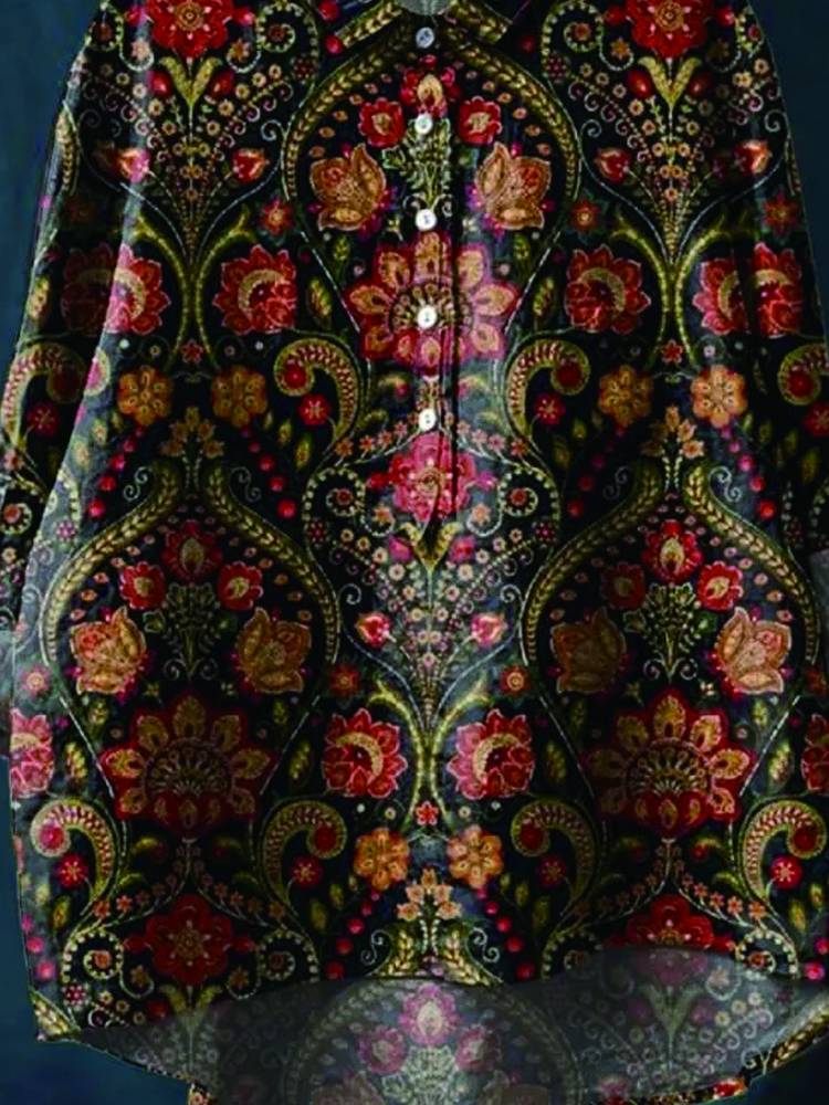 Women's Vintage Floral Print Casual Cotton And Linen Shirt