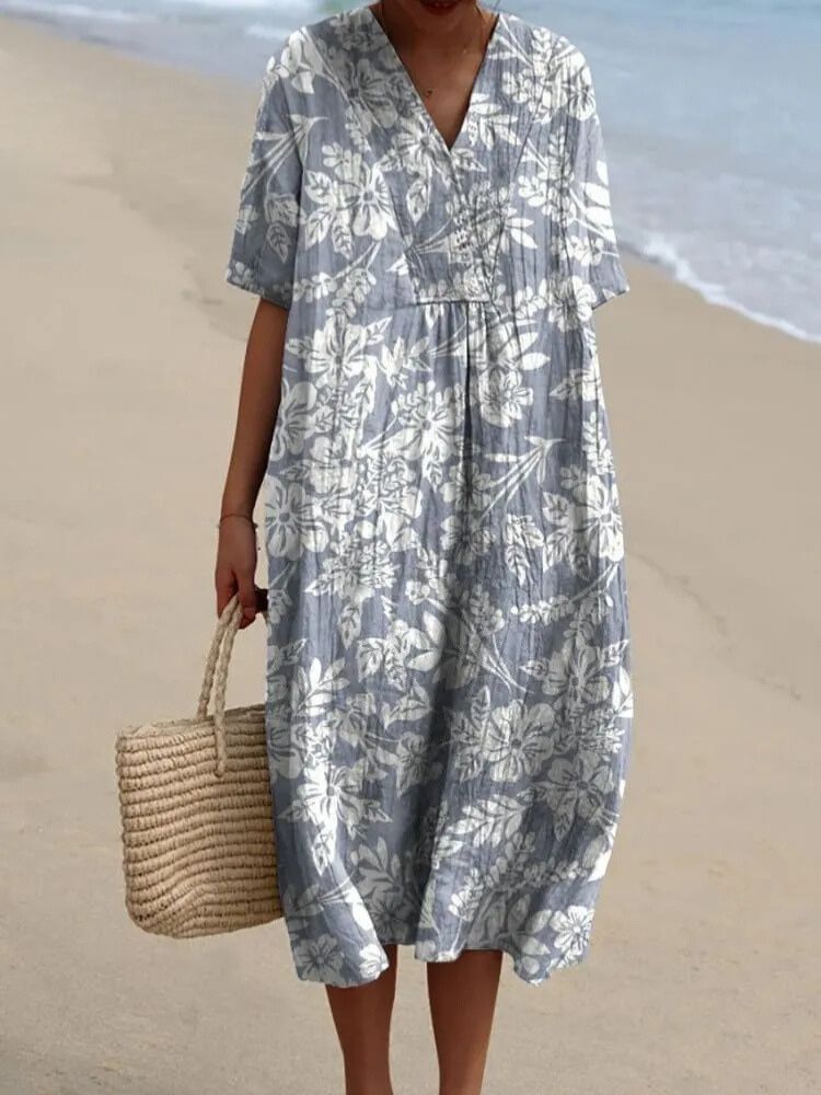 Women's White Floral Print On Blue Background Print Pocket Linen Dress（Convertible Dress With Front And Back Option）