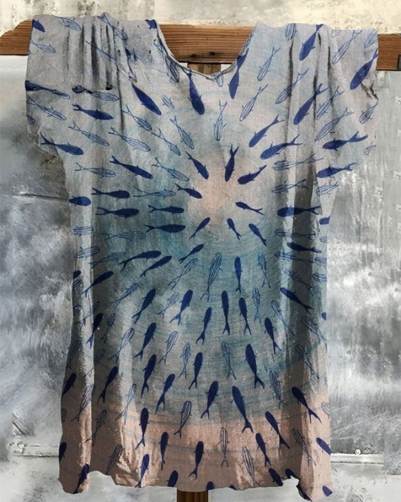 Women's Vintage Fishs  Art  Print Casual Cotton And Linen Shirt