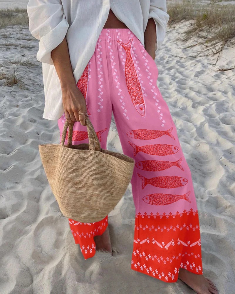 Retro vacation fish print two-piece set