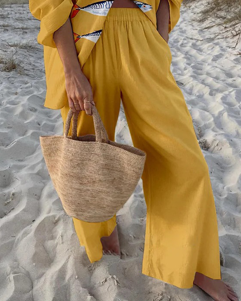 Retro vacation fish print two-piece set