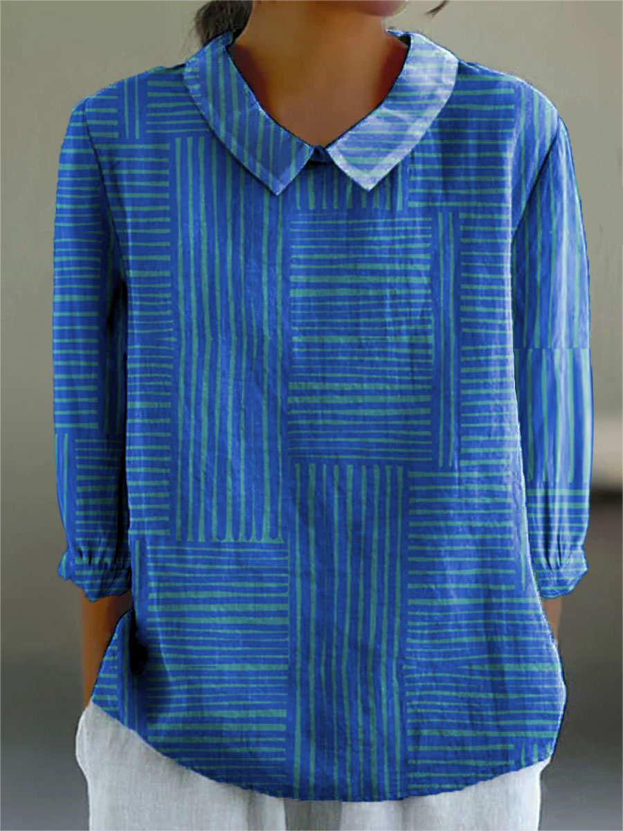 Women's Blue Stripes Art Print Casual 3/4 Sleeve Shirt