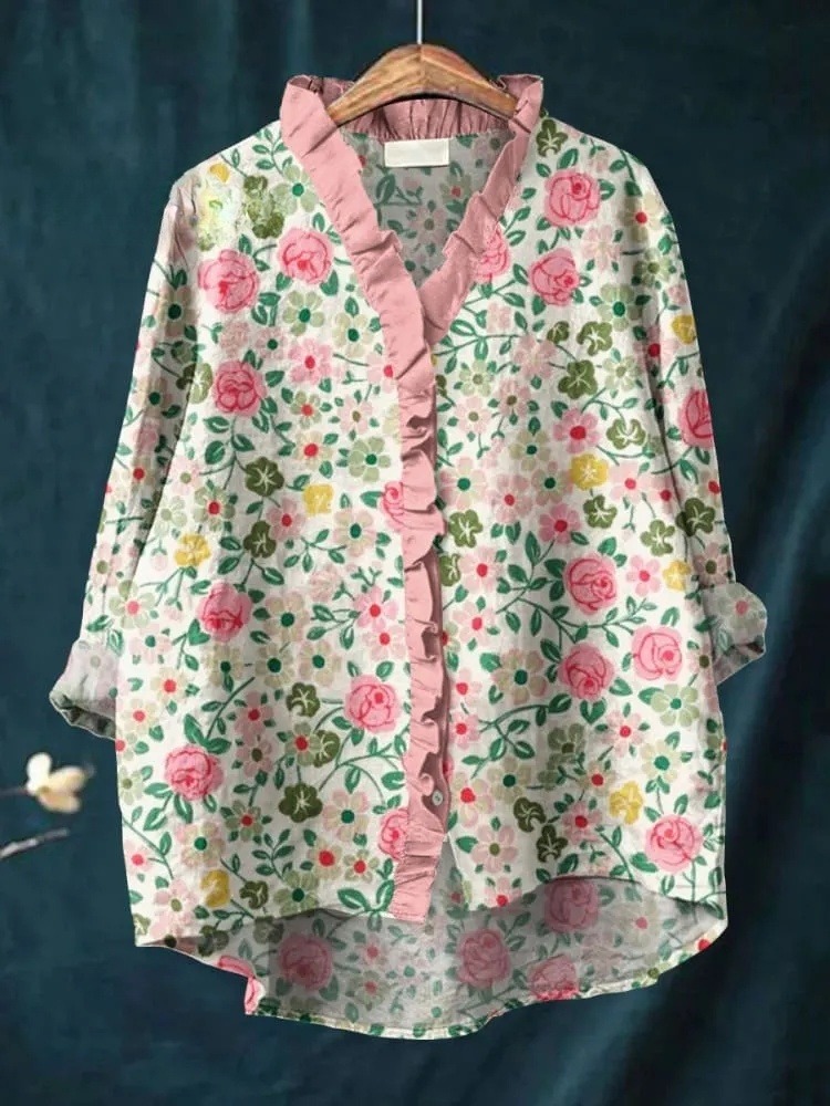 Women's Vintage Floral Art Print Casual Ruffle Shirt