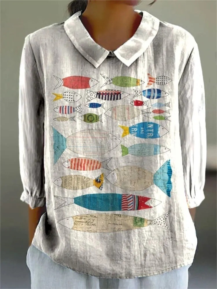 Women's Simple Fish Art Print Casual 3/4 Sleeve Shirt