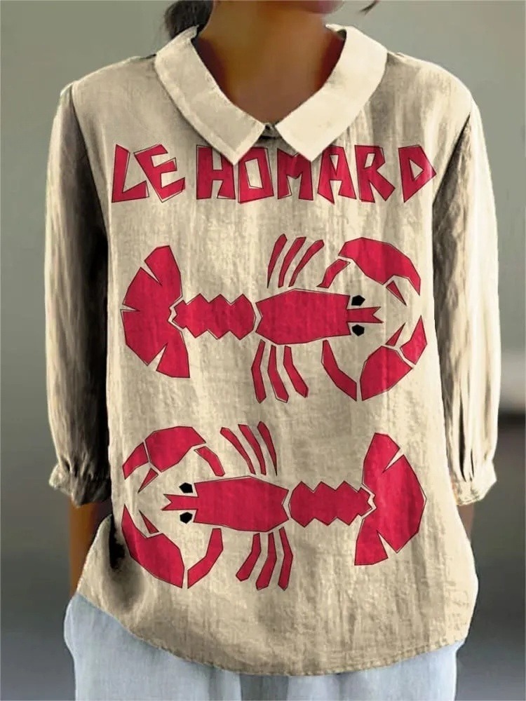 Women's Vintage Lobster Art Print Casual 3/4 Sleeve Shirt