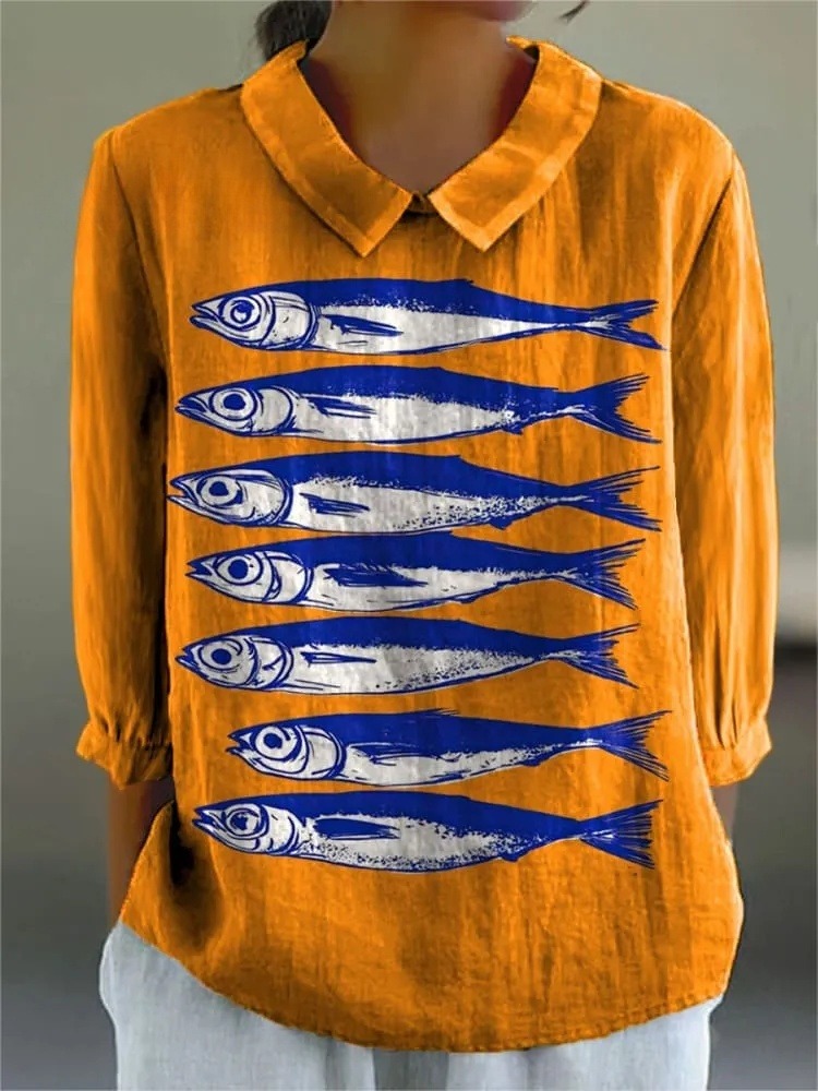 Women's Vintage Fish Art Print Casual 3/4 Sleeve Shirt