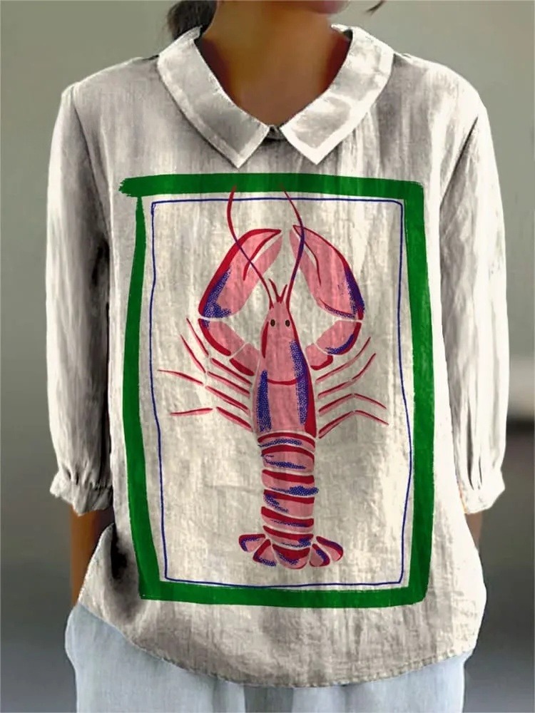 Women's Simple Lobster Art Print Casual 3/4 Sleeve Shirt