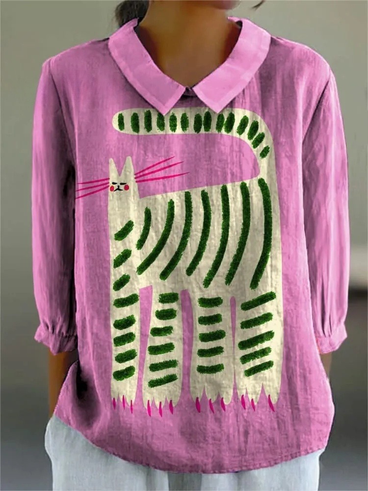 Women's Abstract Cat Art Print Casual 3/4 Sleeve Shirt