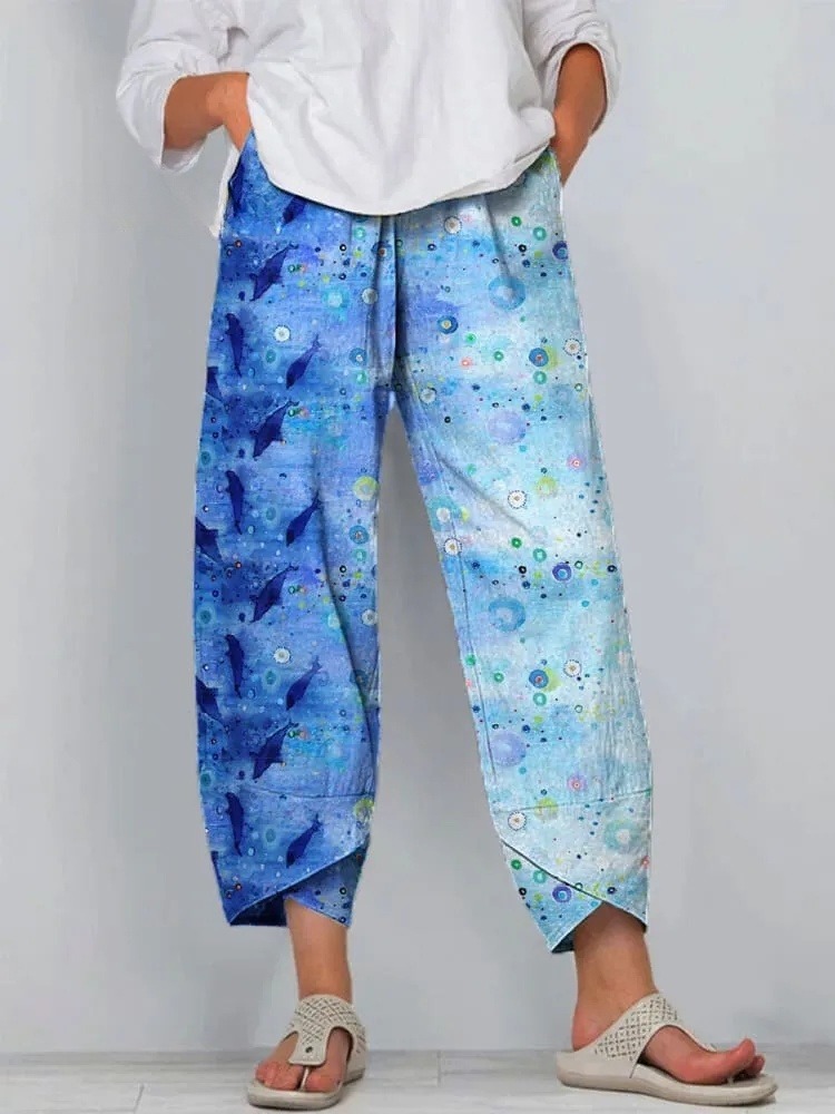 Women's Vintage Blue Ocean Art Print Casual Pants