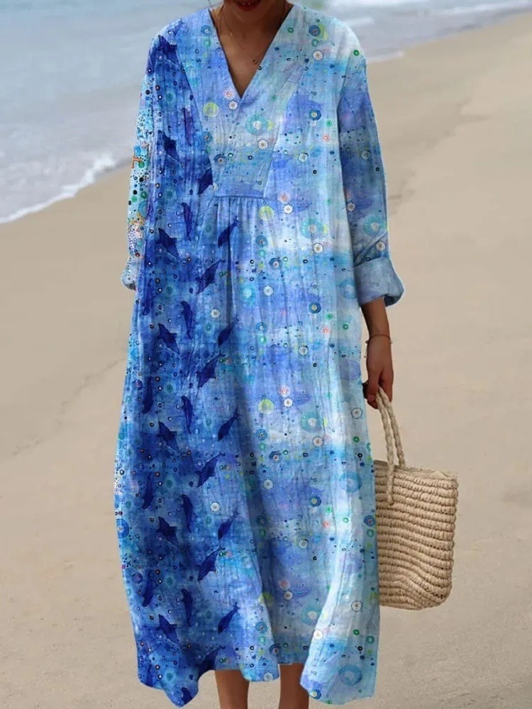 Women's Vintage Blue Ocean Art Print Dress