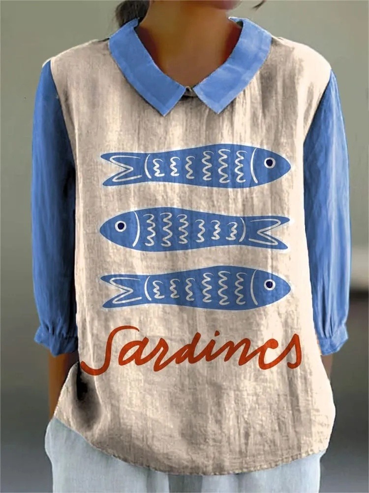 Women's Simple Sardines Art Print Casual 3/4 Sleeve Shirt