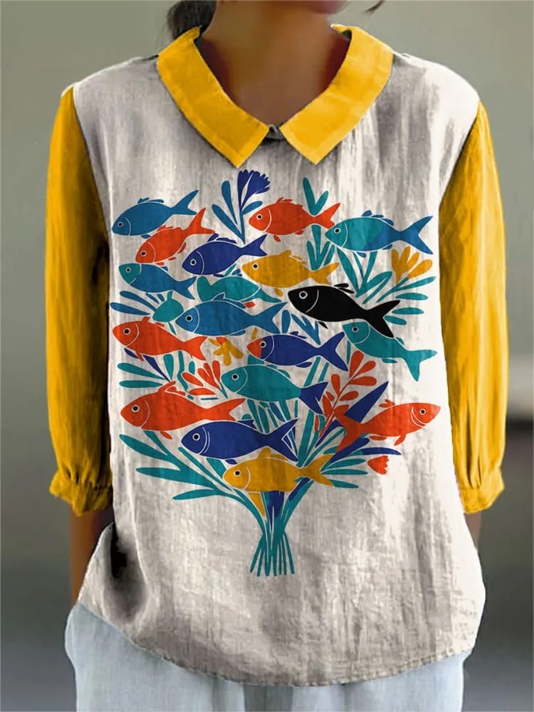 Women's Fun Fish Art Print Casual 3/4 Sleeve Shirt