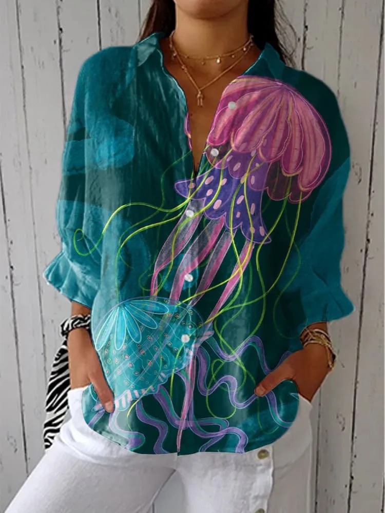 Women's Vintage Deep Sea Jellyfish Art Print Casual V-neck Shirt