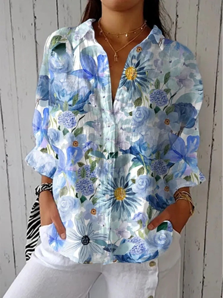 Women's Vintage Floral Art Print Casual  V-neck Shirt