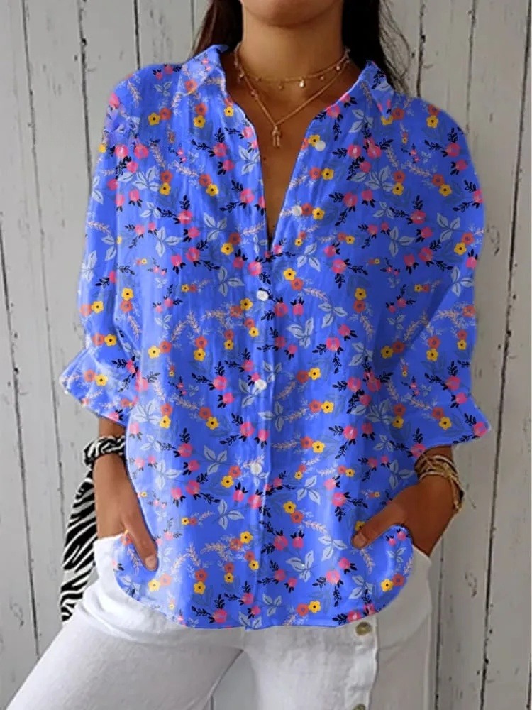 Women's Vintage Floral Art Print Casual  V-neck Shirt