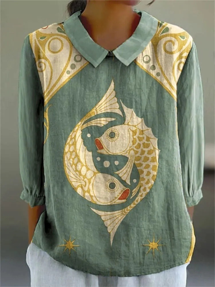 Women's Vintage Fish Art Print Casual 3/4 Sleeve Shirt