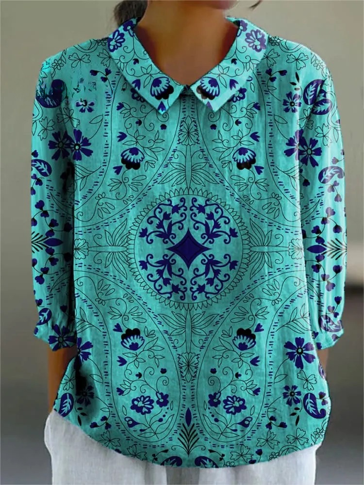 Women's Vintage Ethnic Floral Art Print Casual 3/4 Sleeve Shirt