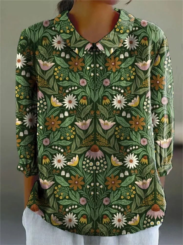 Women's Vintage Floral Art Print Casual 3/4 Sleeve Shirt