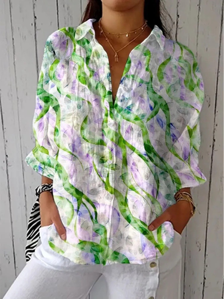 Women's Gradient Leaf Art Print Casual V-neck Shirt