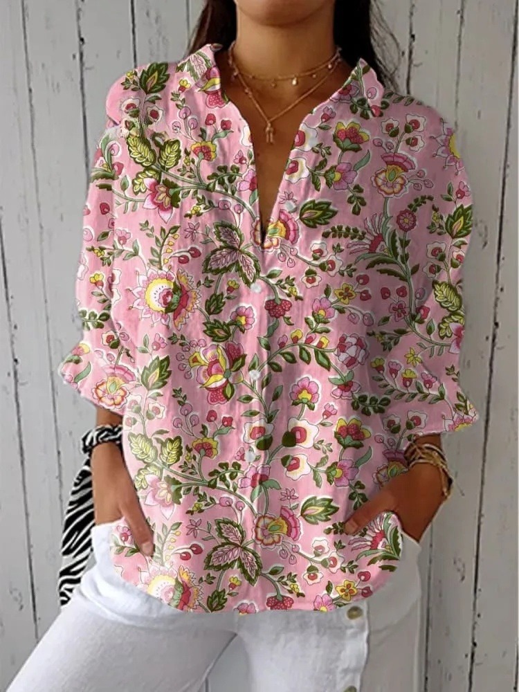 Women's Vintage Floral Art Print Casual V-neck Shirt