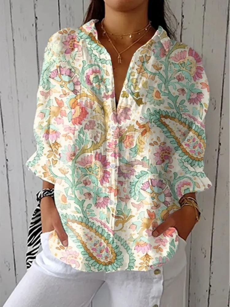 Women's Vintage Boho Floral Art Print Casual V-neck Shirt