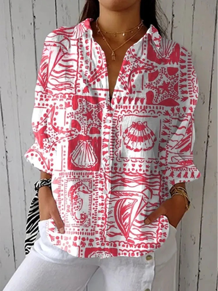 Women's Vintage Shell and Starfish Art Print Casual V-neck Shirt