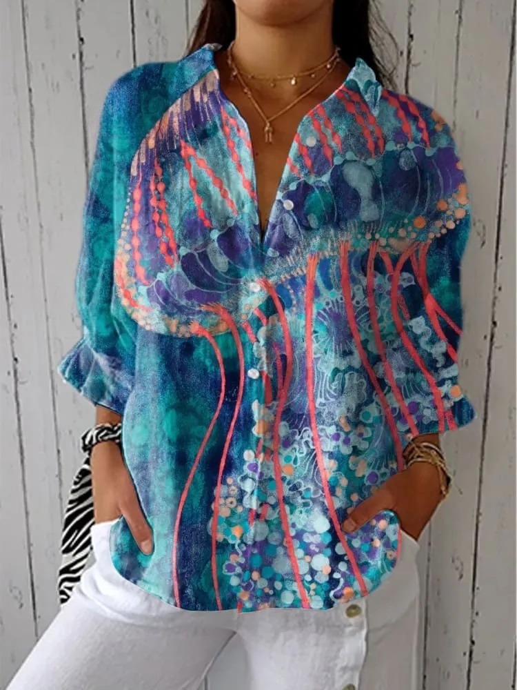 Women's Vintage Jellyfish Art Print Casual V-neck Shirt