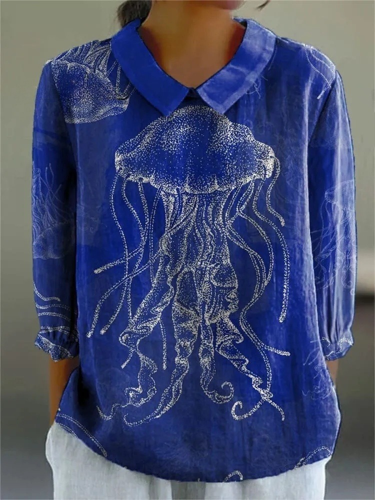 Women's Deep Sea Jellyfish Art Print Casual 3/4 Sleeve Shirt