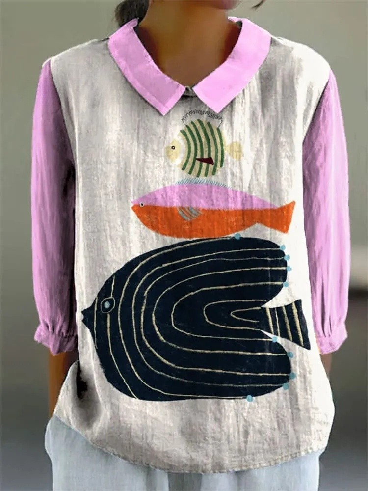 Women's Color Block Fish Art Print Casual 3/4 Sleeve Shirt