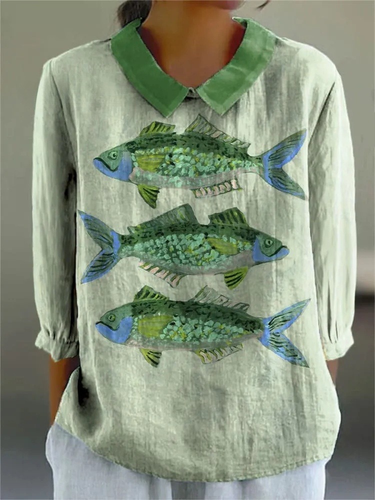 Women's Vintage Fish Art Print Casual 3/4 Sleeve Shirt